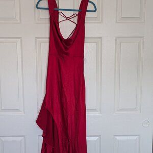 Formal Red Satin Dress - High Slit and Open Back